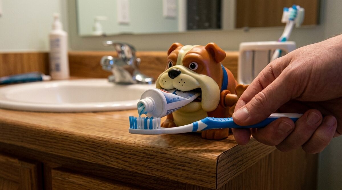 Close-up of paste dispensing onto a blue toothbrush