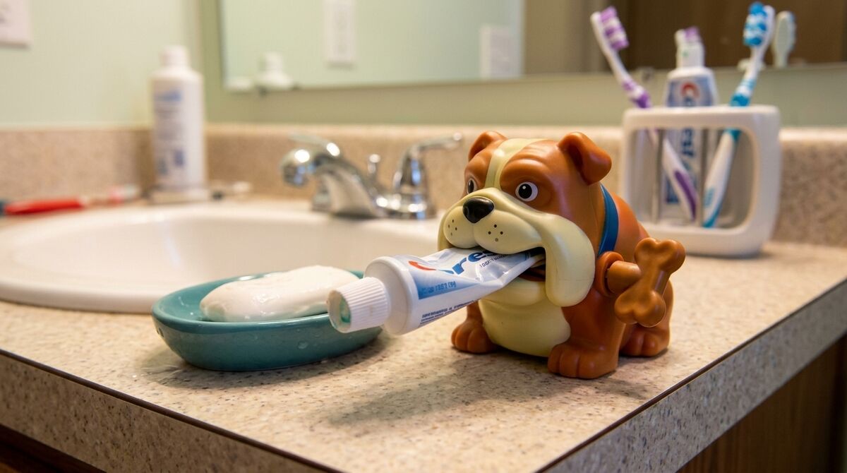 Bulldog squeezer beside a soap dish